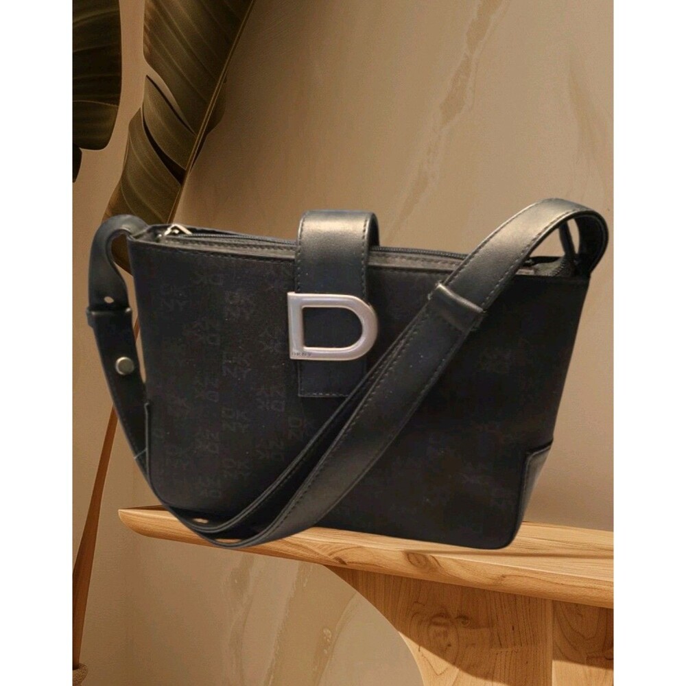 DKNY Black Fabric Faux Leather Buckle Logo Design Shoulder Bag
